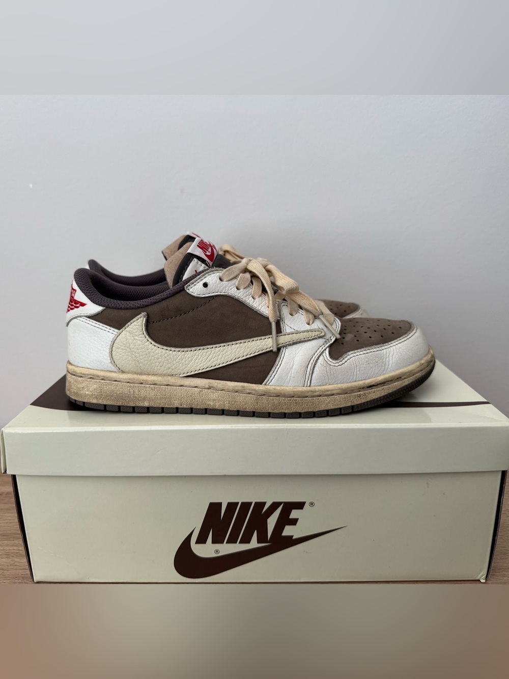 Nike Men’s Low-Top Sneakers in Brown, Cream & White with Red Heel Accents